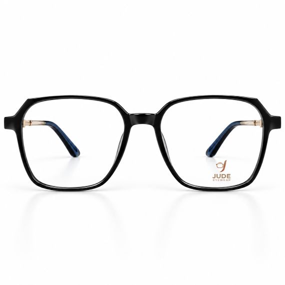 Jude Eyewear Classic Black square-frame glasses with gold accents, front view.